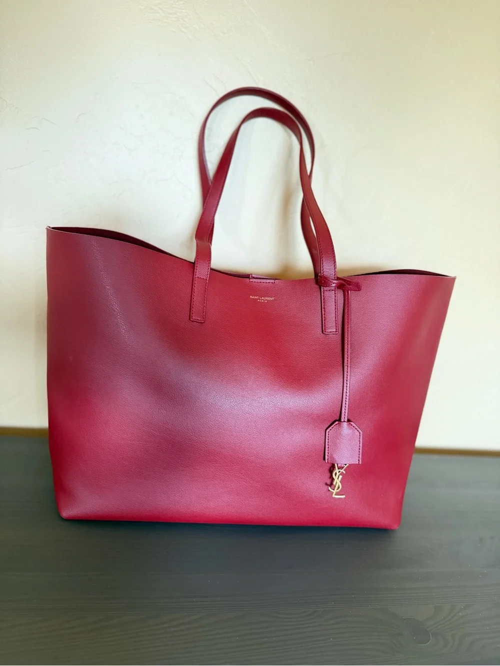 Yves SAINT LAURENT YSL Calfskin Large Shopping Tote Red Burgundy Pre Owned